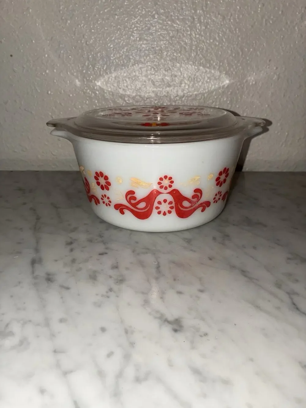 Pyrex Friendship Casserole Dish #473 1 Qt Lid Red Birds Flowers Vintage